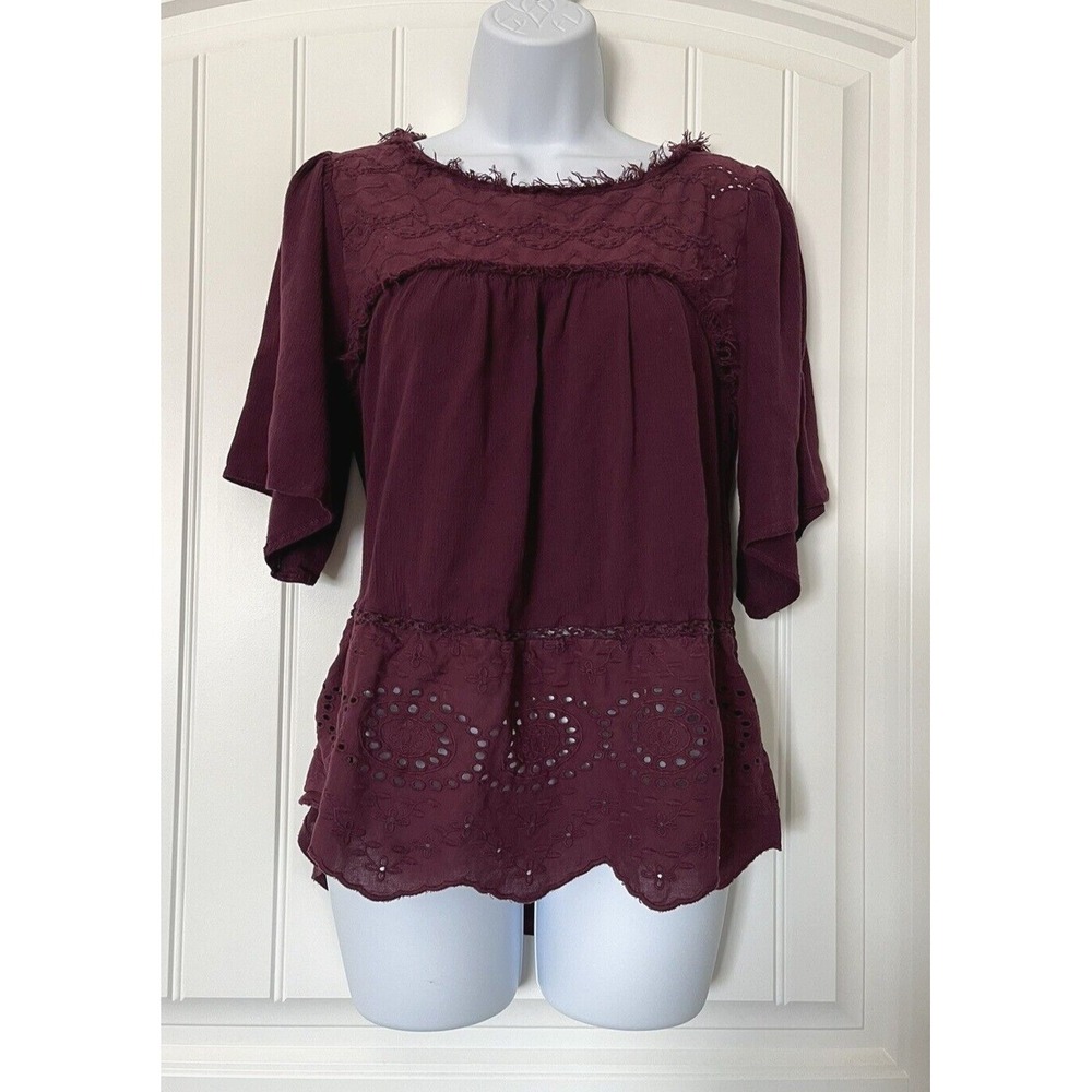 Knox Rose Womens Blouse Burgundy Boho Lace Short Bell Sleeve‎ Size S